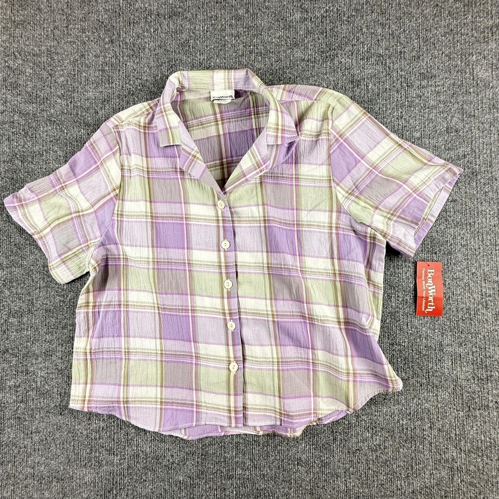 BonWorth Shirt Womens Petite Large Purple Plaid Button Front Short Sleeve Top